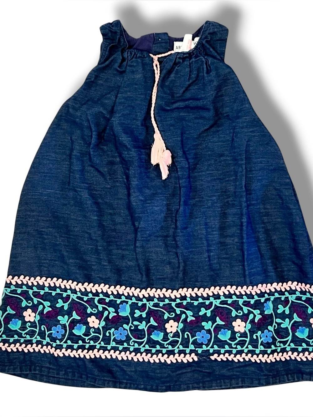Artisan NY Girls Sz 5 Embroidered Sleeveless Denim Dress Boho Lined Tassels D-4